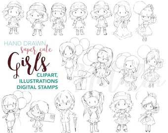 Cute Girls Digital Stamps, Clip Art and Coloring Pages for crafts, card making and scrapbooking. Black & white characters. Party / Birthday