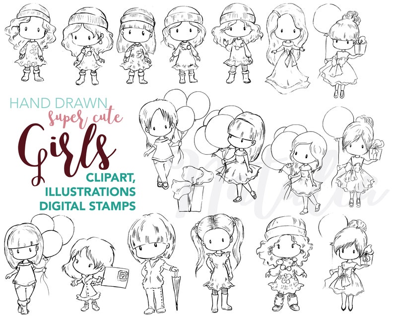 Cute Girls Digital Stamps, Party & Birthday Black and White Clip Art, Coloring Pages for Card Making, Scrapbooking, and Crafts, Digi Stamps image 1