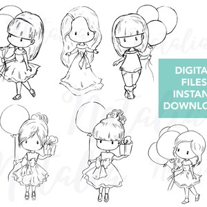 Cute Girls Digital Stamps, Party & Birthday Black and White Clip Art, Coloring Pages for Card Making, Scrapbooking, and Crafts, Digi Stamps image 8