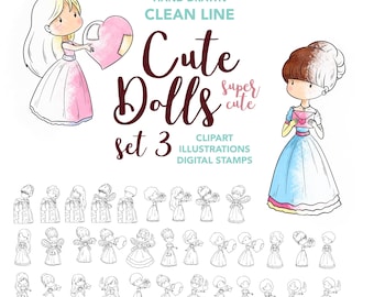 Cute Dolls Digital Stamps, Party & Birthday Black and White Clip Art, Coloring Pages for Card Making, Scrapbooking, and Crafts, Digi Stamps