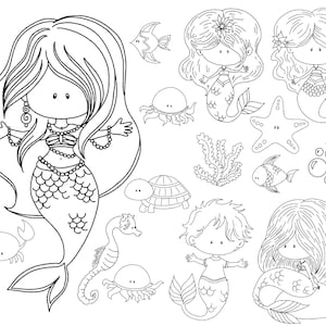 Mermaid Digital Stamps Set, Clipart for Scrapbooking, SVG Files, Printable Black and White Mermaid Art, Commercial License Included