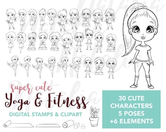 Cute Yoga & Fitness Girls Digital Stamp, digi stamps, clip art for crafts, card making and scrapbooking. PNG, JPG and SVG files.