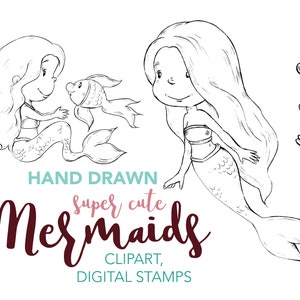 Mermaid Digital Stamps Set, Clipart for Scrapbooking, SVG Files, Printable Black and White Mermaid Art, Commercial License, Sketchy Lines
