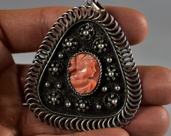 DISCOUNTED PRICE 20% OFF - Antique silver and coral pendant - Cameo coral pendant