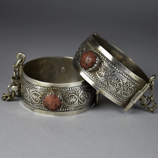 PRICE EACH - Pair of stunning antique berber coral and silver bangles