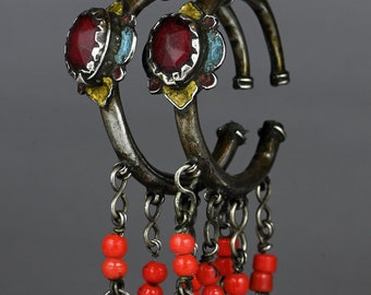 Antique enameled silver hoop earrings