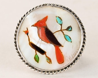Vintage Navajo Mother of Pearl silver ring with stones inlays