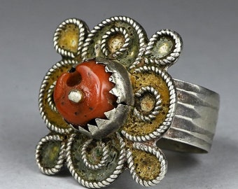 BAGUE BERBÈRE Ancienne En ARGENT MASSIF Avec Du VRAI CORAIL ROUGE - Bijou Ethnique