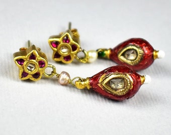 Antique enamelled indian gold earrings with rubies and diamonds