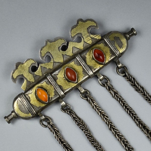 Stunning quality antique Turkmen pendant, fire gilded silver and antique carnelian beads