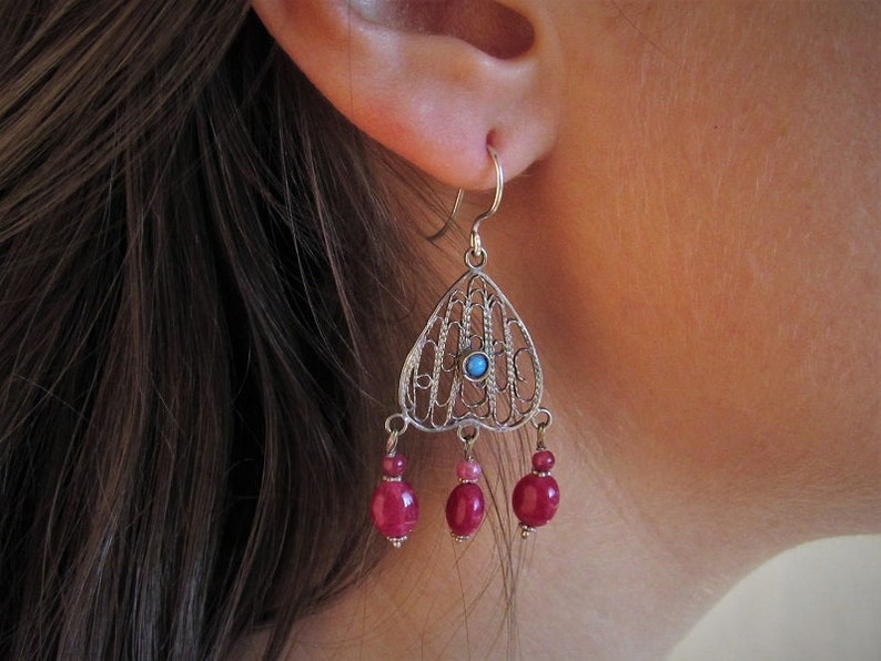 silver filigree turquoise and ruby earrings Old Uzbek silver earrings