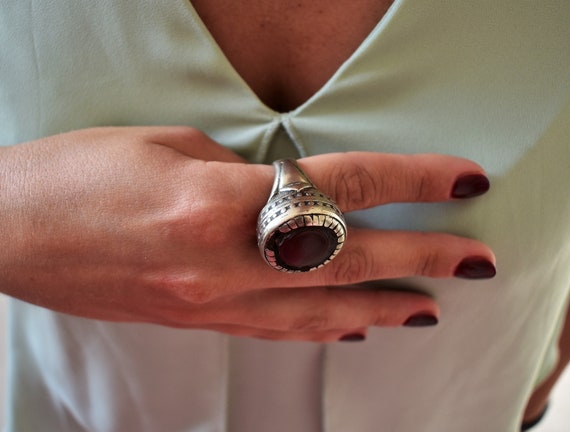 Bague En Argent Massif Et Cristal Taillé Français Vers 1980