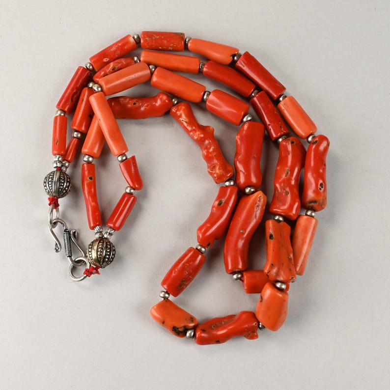 Collier Ancien En Corail Branches - Bijou Vintage - Occasion