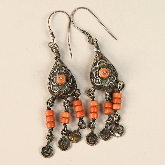 Boucles D'oreilles Pendantes Vintage En Argent Massif Avec Corail, Nacre Et Bois - Fermoir Dormeuse, Style Bohème Unique