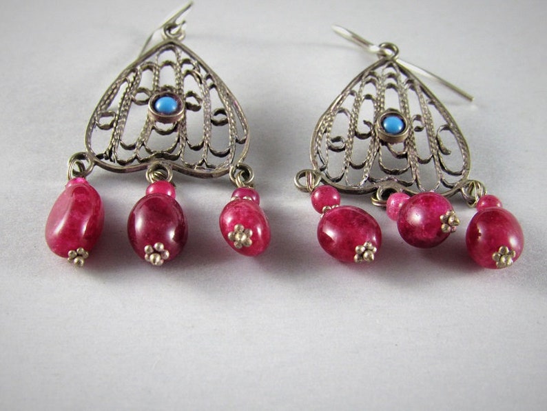silver filigree turquoise and ruby earrings Old Uzbek silver earrings