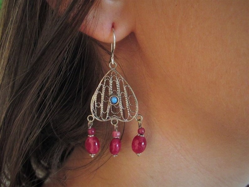 silver filigree turquoise and ruby earrings Old Uzbek silver earrings