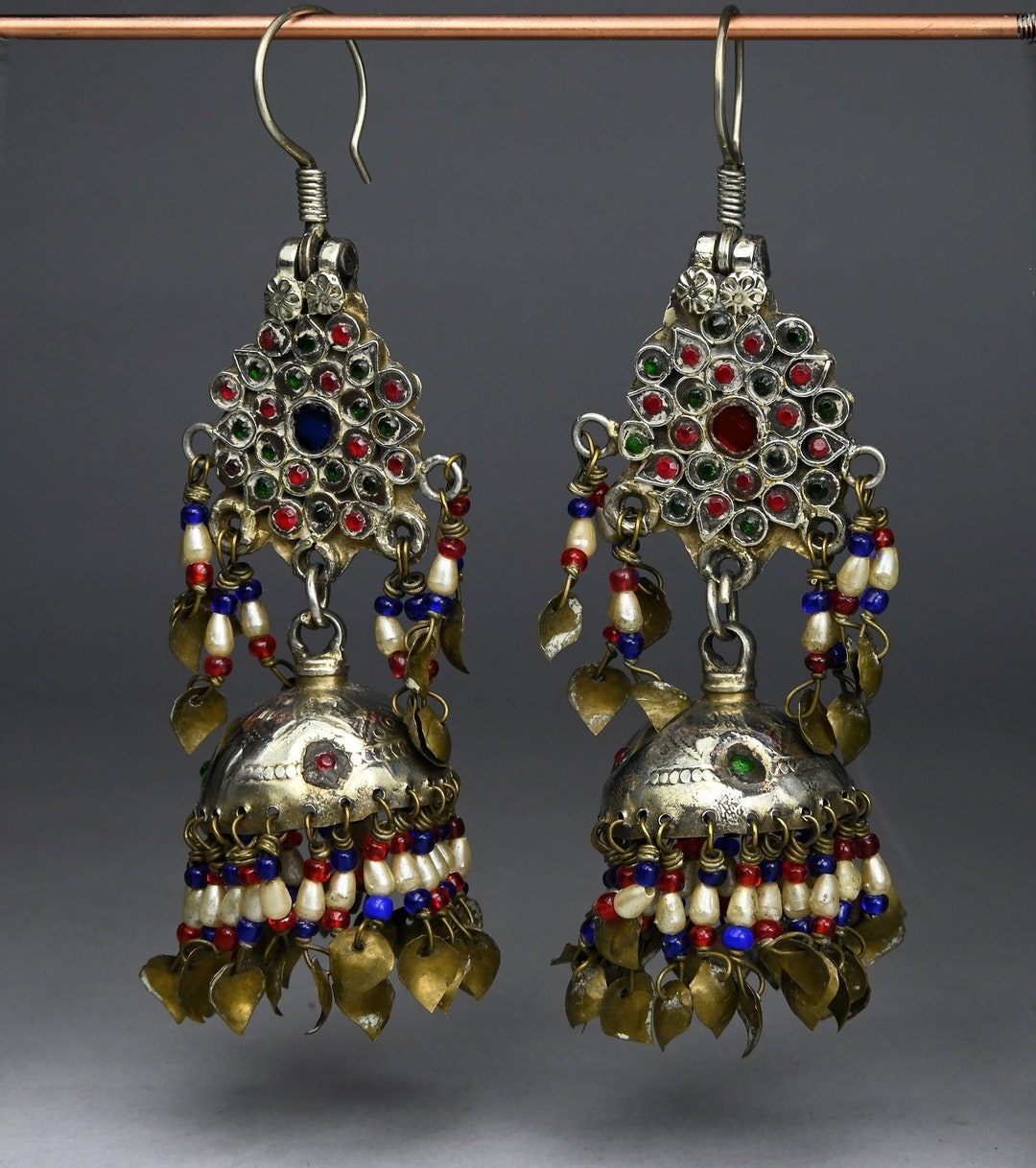 Mohini Kashmiri Earrings with Stone & Silver Tassels