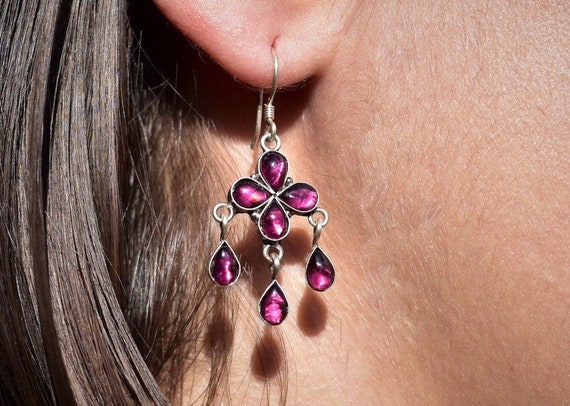 Sterling silver earrings with garnet - drop shaped