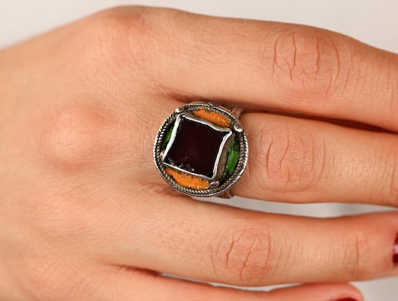 Antique solid silver berber ring - Enamelled silv… - image 4