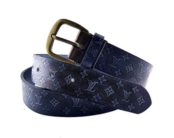 Pre-Owned Louis Vuitton Blue Leather Lv Belt ($485) ❤ liked on Polyvore  featuring accessories, belts, blue, louis …