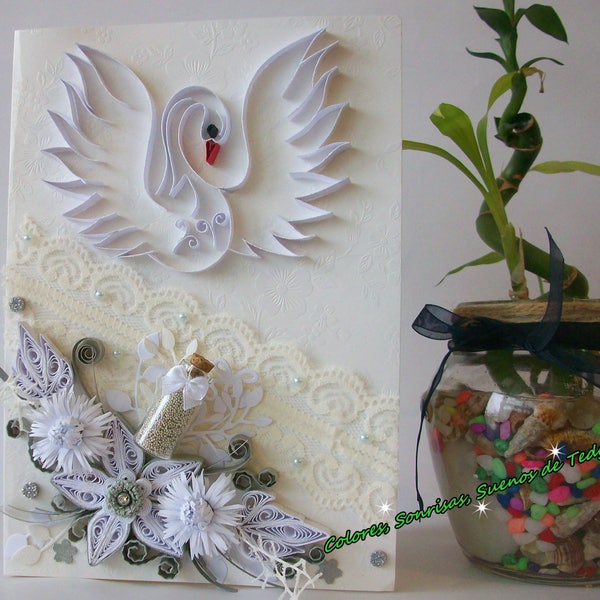 Luxury Handmade Quilled card for Any Occasion, Birthday, Anniversary, Wedding, Swan Quilling Greeting card, White flowers Quilled card