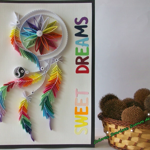 Dream catcher Colorful Quilling card, Sweet dreams Quilled card, Multi color Quilling card, Just because Rainbow card, Dreamcatcher gift