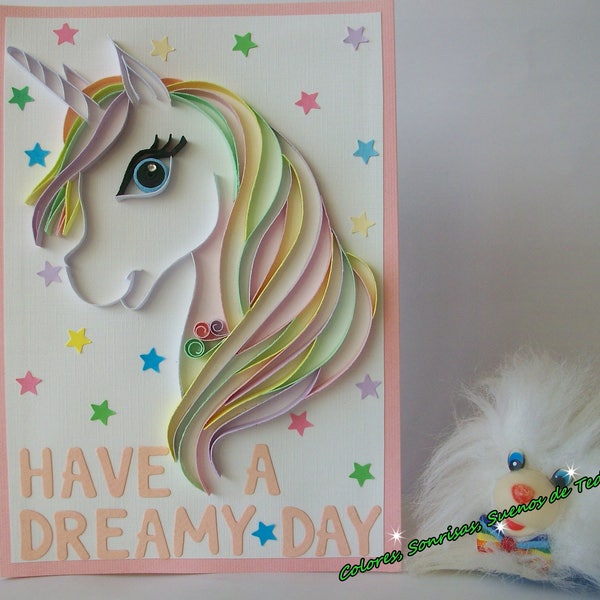 Unicorn Happy Birthday Greeting Card, Quilling unicorn card for girl, Have a Dreamy Day, Quilled Rainbow Unicorn card, Girl Birthday card