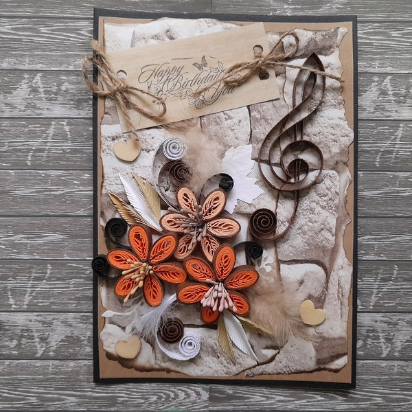 Custom Birthday Card, Music Ornament Gift Card, 80th Birthday, 3D Flowers, Music Lover Gift, Quilling Cards, Happy Anniversary Card