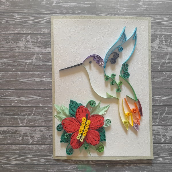 Hummingbird Sympathy Card, Hibiscus Gift Card, Quilling Art, Housewarming Card, Thank You Gift For Doctor, Mothers Day Card, 80th Birthday