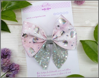 Unicorn sailor bow with a pink ribbon bow and glitter faux leather, a unique hair barrette for toddlers