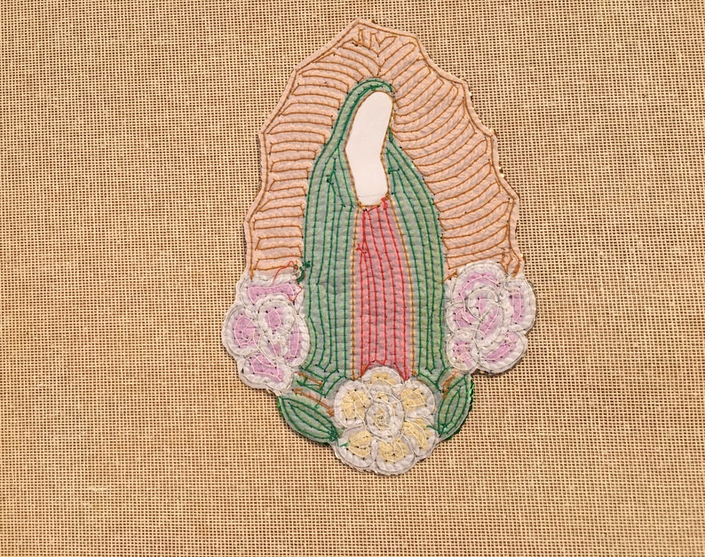 Handmade Virgin Mary Virgen de Guadalupe Sequin Applique Mexican Sequin Patch Beaded Floral Virgin Religious Patch Blessed Madonna