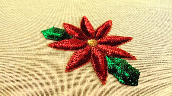 SEQUIN CHRISTMAS POINSETTIA IRON ON PATCH