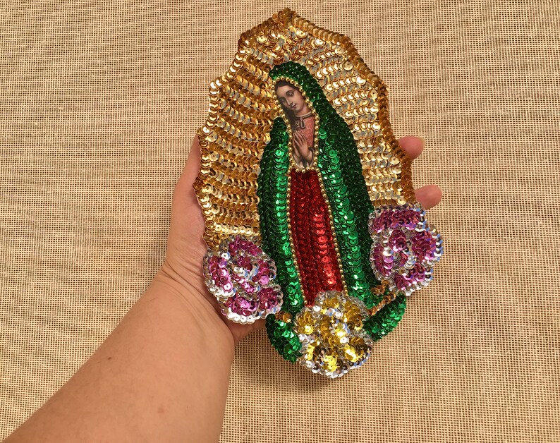 Handmade Virgin Mary Virgen de Guadalupe Sequin Applique Mexican Sequin Patch Beaded Floral Virgin Religious Patch Blessed Madonna
