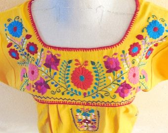 Hand Embroidered Mexican Dress, Yellow Cotton Dress with Floral Design