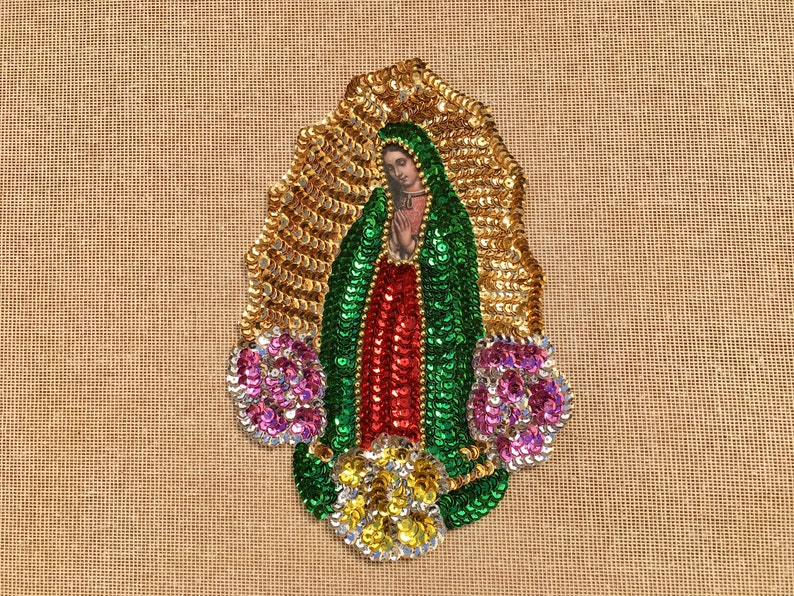 Handmade Virgin Mary Virgen de Guadalupe Sequin Applique Mexican Sequin Patch Beaded Floral Virgin Religious Patch Blessed Madonna