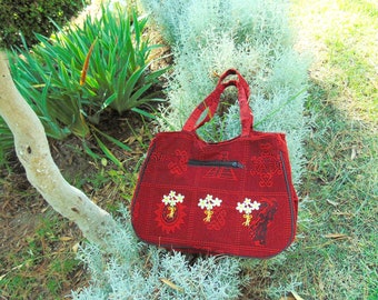 Mexican Embroidered Shoulder Bag, Red Mexican bag with Coin Purse