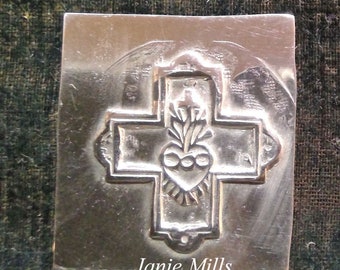 Cross with Corazon Heart in center Stamping 1.25x1.25 inch sheet of 20 gauge sterling silver, copper or bronze