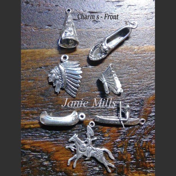 Charm Sterling Silver Teepee, Moccasin, Chief, Headdress, Canoe with Native, Canoe, or Native on Horse