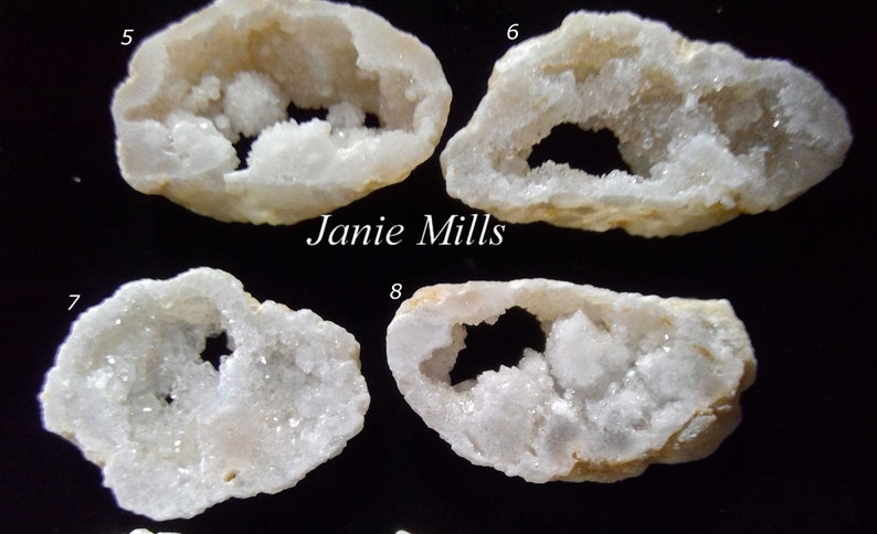 May include: Four white geode slices with a hole in the center. The geode slices are on a black background. The numbers 5, 6, 7, and 8 are written on the image.