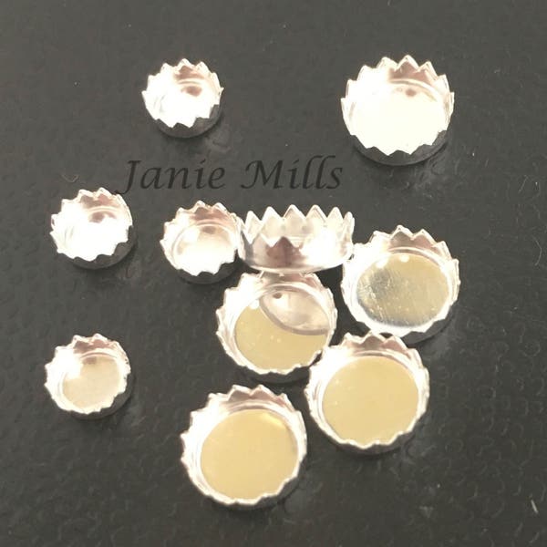 Sterling Silver Bezel Cup round Serrated  3mm 4mm 5mm 6mm 8mm or 10mm