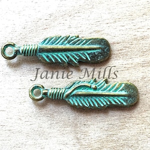Feather pewter green verdigris Charm pendant 1 inch 2 per pkg
