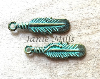 Feather pewter green verdigris Charm pendant 1 inch 2 per pkg