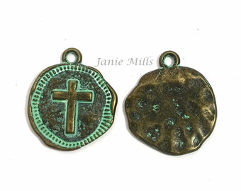 Charm Pendant Cross Verdigris finish Coin 3/4 inch sold as a pair