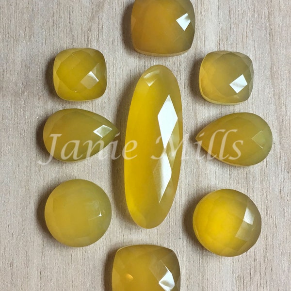 Chalcedony Butterscotch Yellow Faceted Rose Cut Cabochon 10mm 12mm 15mm Round, 10mm 12mm cushion, 10x30mm oblong 10x14mm or 14x20mm pear