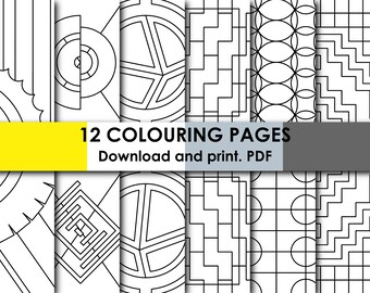 12 Printable Colouring pages in PDF | Size A4 | Instant Digital Download | Minimal Geometric Abstract Pattern Vector Art | BOOK - Vol. II
