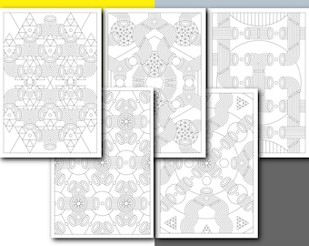 May include: A collection of six black and white abstract geometric coloring pages. Each page features intricate line art designs with repeating patterns of shapes, lines, and curves. The designs include triangles, circles, and other geometric forms.
