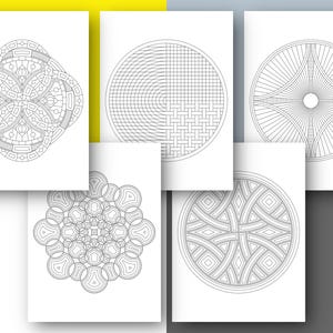 May include: A collection of six white paper sheets, each featuring a unique black and white geometric design. The designs include circular and square patterns, suitable for coloring or artistic projects. The sheets are arranged against a yellow and gray background.