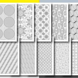May include: A collection of ten black and white abstract pattern designs. Each design is unique, featuring geometric shapes, lines, and circular patterns. The designs are printed on rectangular sheets of paper, suitable for coloring or creative projects.