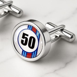 Personalised Racing Number cufflinks, stainless steel cufflinks with a vintage inspired racing car number insert with red and blue stripes along with a personalised number