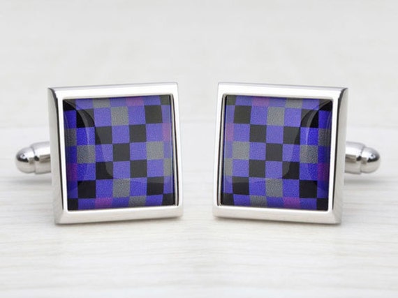 Purple & Grey Check With Black Cross Cufflinks